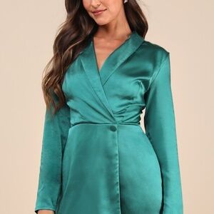 Lulus Elevated Persona Emerald Green Satin Collared Skort Romper - Size M